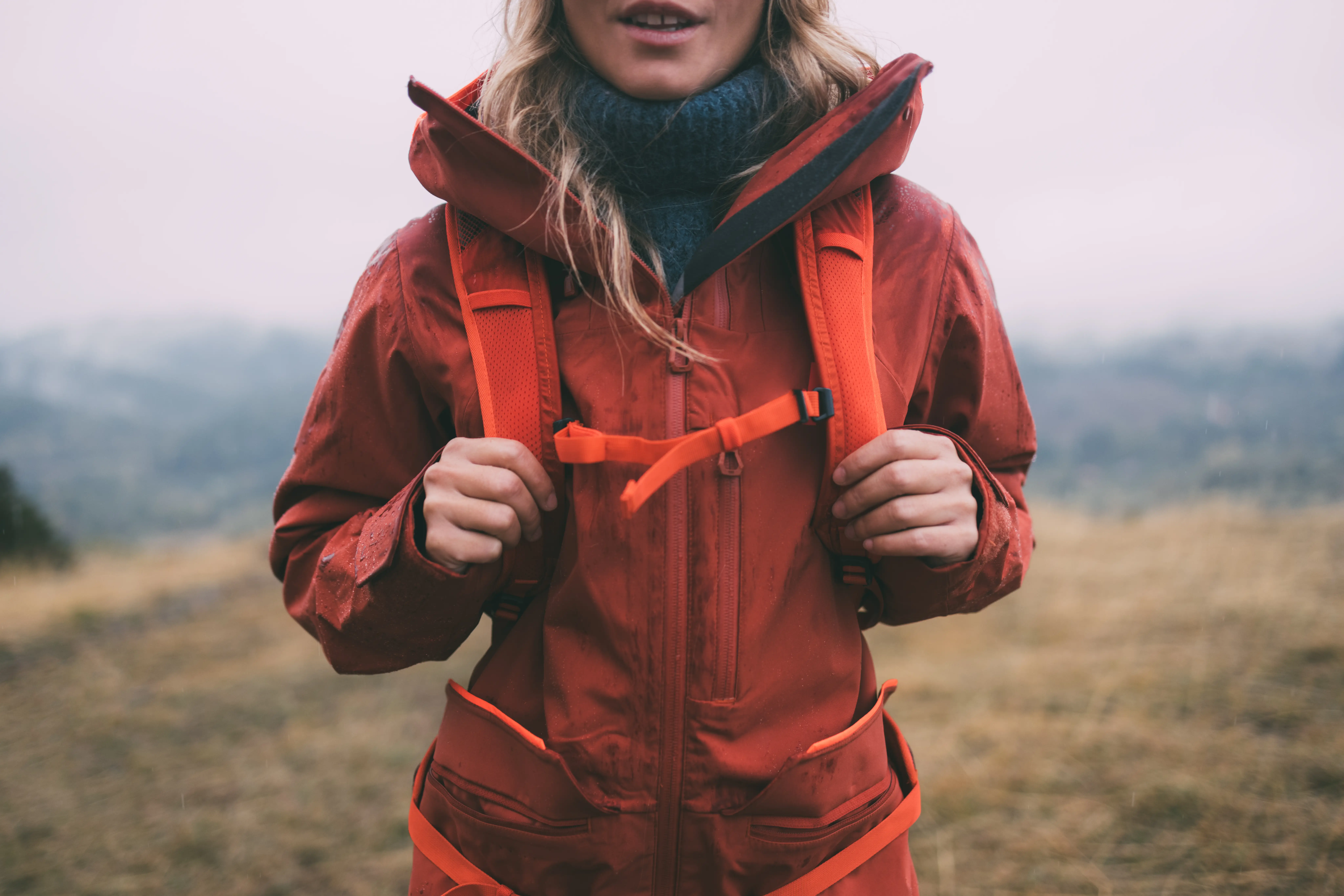 backpack girl red jacket